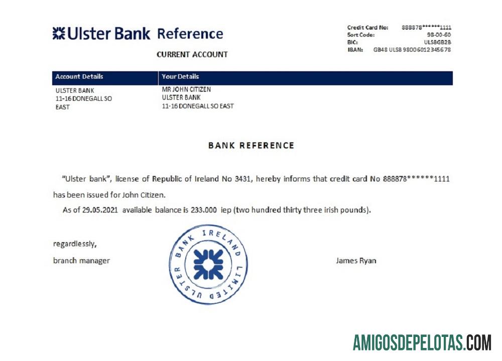 Referência do Ulster Bank da Irlanda baixar para verificação